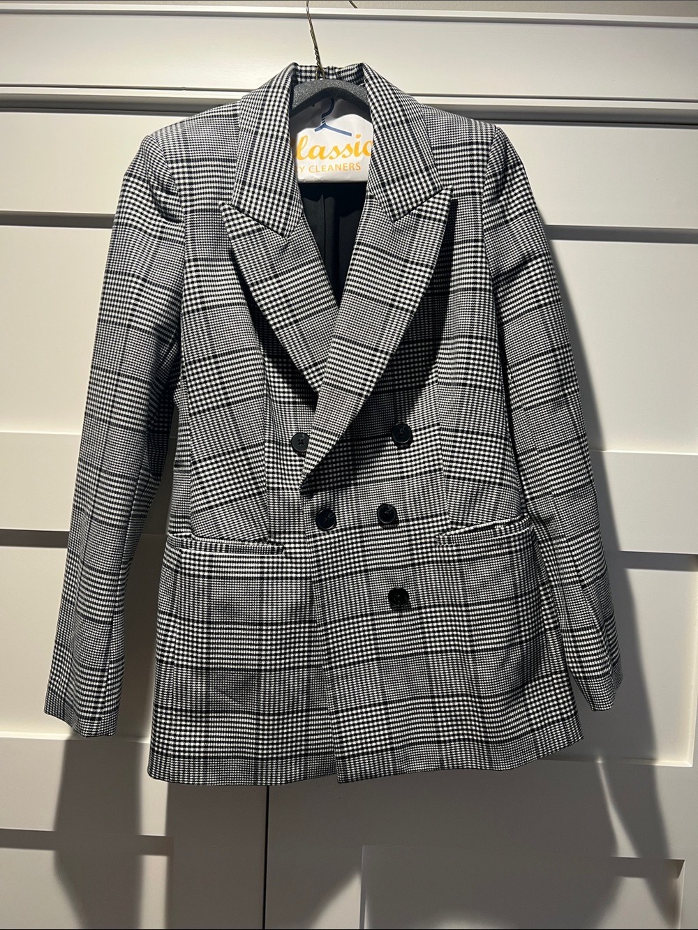 Express Black and White Glen Plaid Double-Breasted Blazer